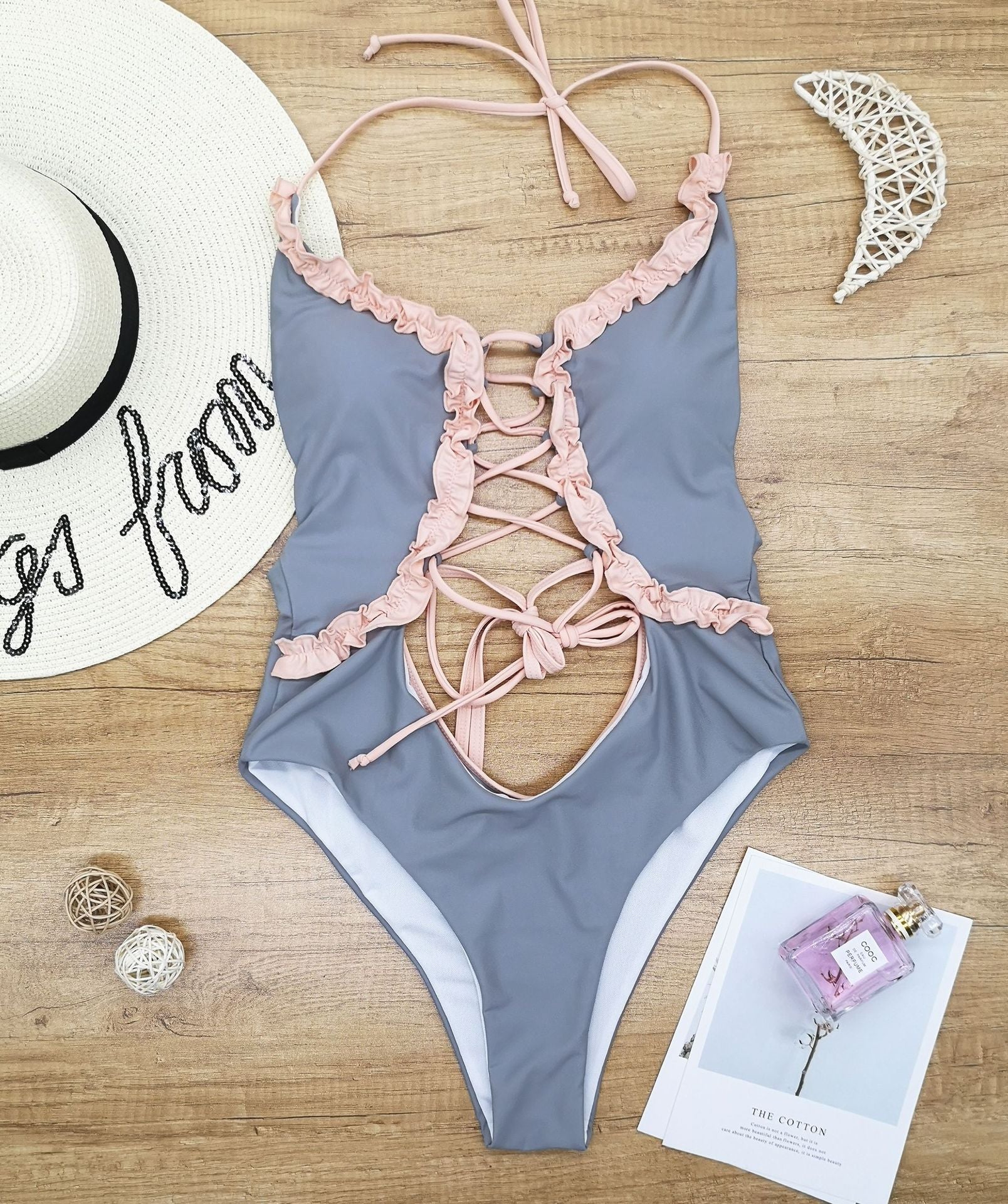 One Piece Swimsuit Solid Color Flounce Trim Lace Up Hollow Out Cutout Backless Sexy Bikini Bella Mia
